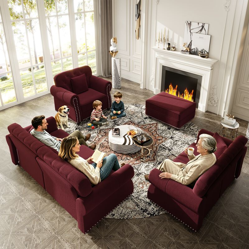 Whisen 2 Seat Velvet Upholstered Sofa with 2 Ottomans, Nailhead Trim, Mid-Century Modern, for Living Room image number 7