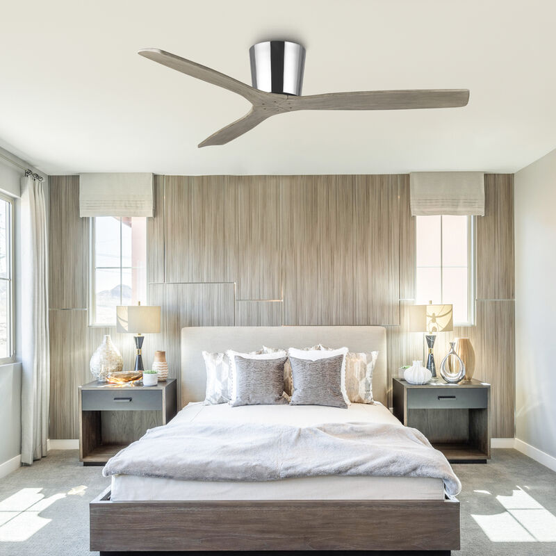 54 in. Polish Nickel Solid Wood Blades Flush Mount Ceiling Fan with Remote without Light