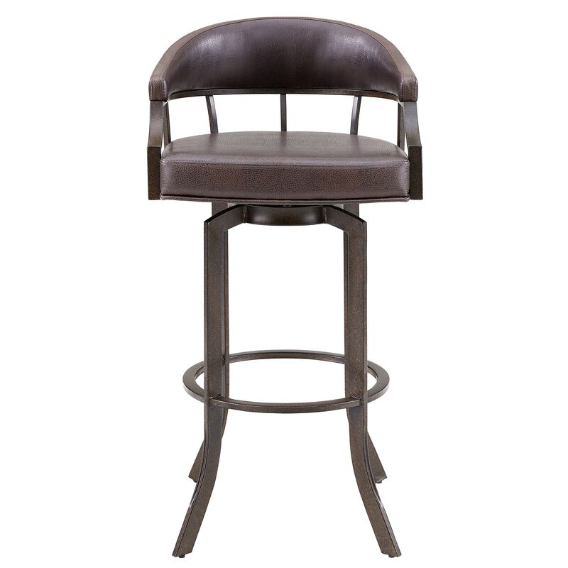 Nuf 30 Inch Swivel Barstool Armchair, Curved Round Back, Brown Faux Leather-Benzara