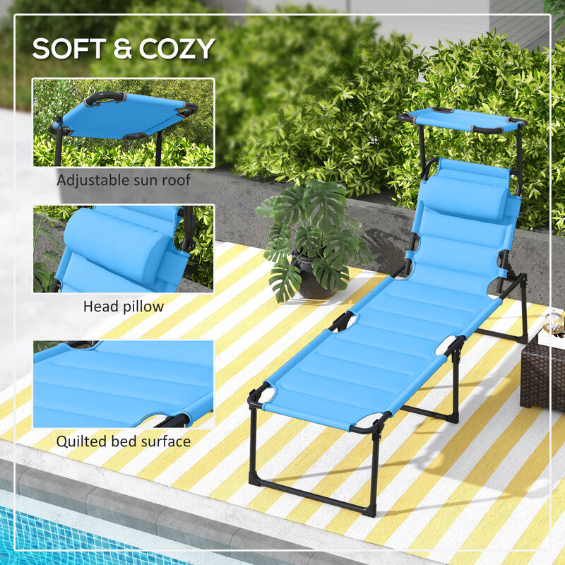 Outsunny 2 Pcs Outdoor Lounge Chair, 4 Position Adjustable Backrest Folding Chaise Lounge, Cushioned Tanning Chair w/ Sunshade Roof & Pillow Headrest for Beach, Camping, Hiking, Backyard, Light Blue