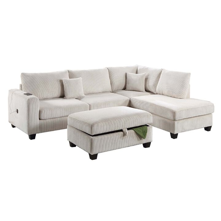 Roe 3pc Sectional Sofa Set with Chaise, Ottoman, 2 Pillows, Ivory - Benzara