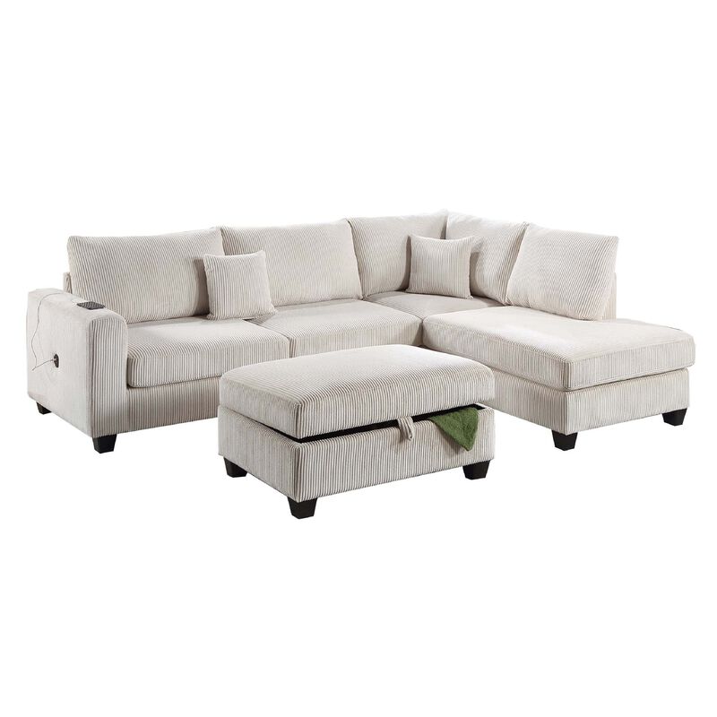 Roe 3pc Sectional Sofa Set with Chaise, Ottoman, 2 Pillows, Ivory - Benzara