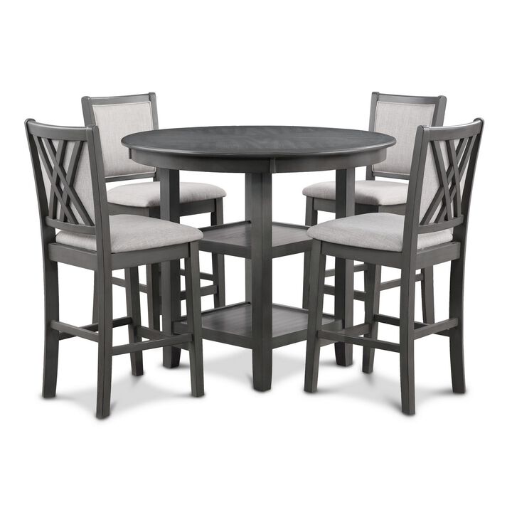 Isla 5 Piece Counter Height Table Set, 4 Crossback Chairs, Gray Polyester - Benzara