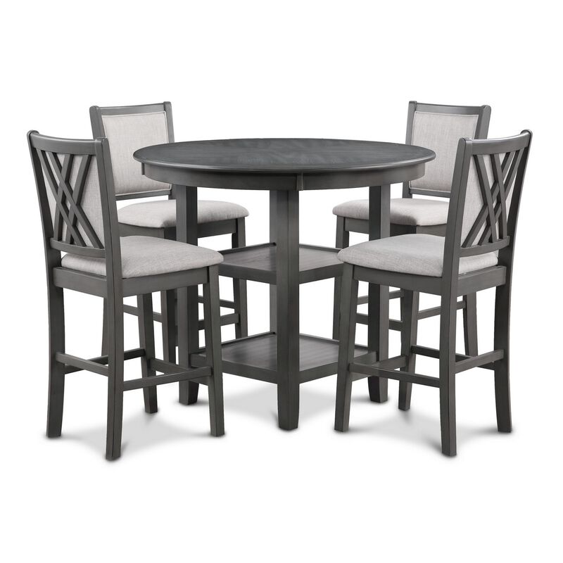 Isla 5 Piece Counter Height Table Set, 4 Crossback Chairs, Gray Polyester - Benzara