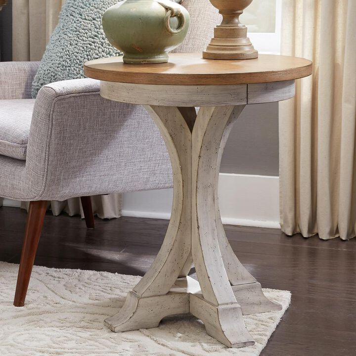 Liberty Furniture Farmhouse Reimagined Round Chair Side Table in Antique White w/ Chestnut Top