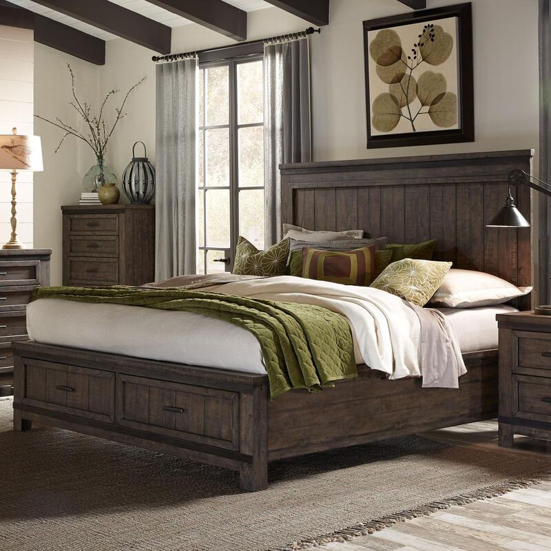 Liberty Furniture Thornwood Hills Queen Storage Bed in Rock Beaten Brown w/ Saw Cuts image number 1