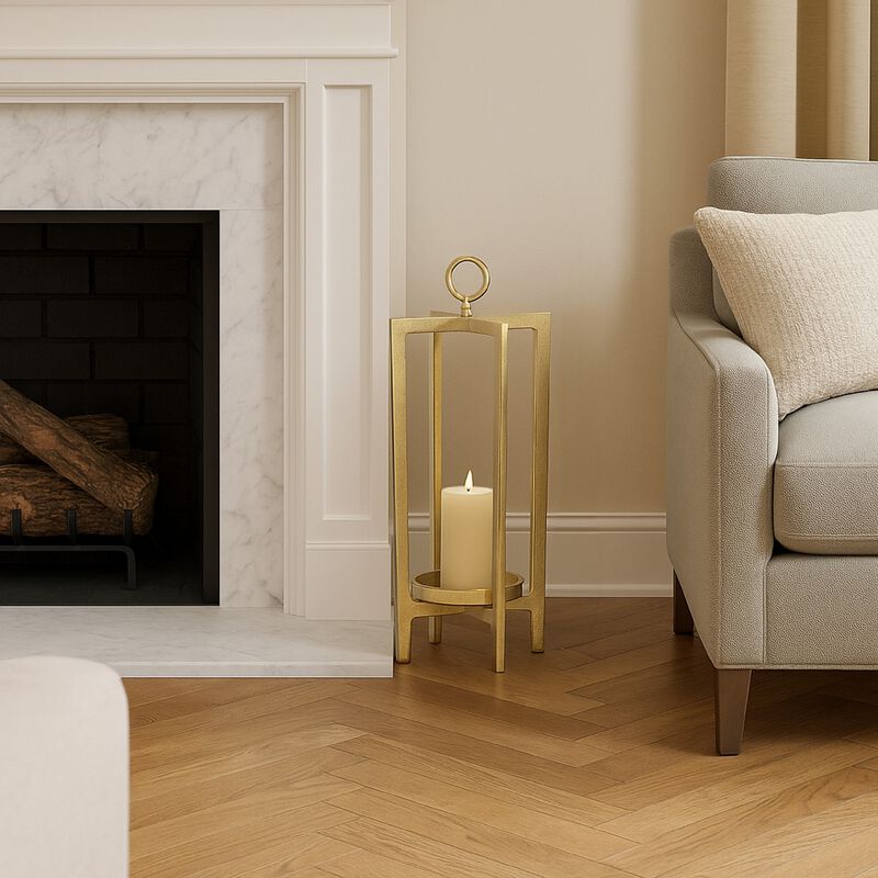 Siana Lantern Candle Holder, 20 Inch Classic Gold Finished Metal Frame - Benzara