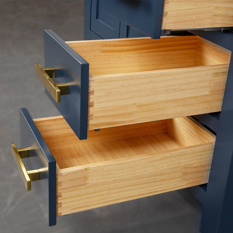 Madison 36 In. Single Sink Carrara White Marble Countertop Bath Vanity In Monarch Blue with Satin Gold Hardware