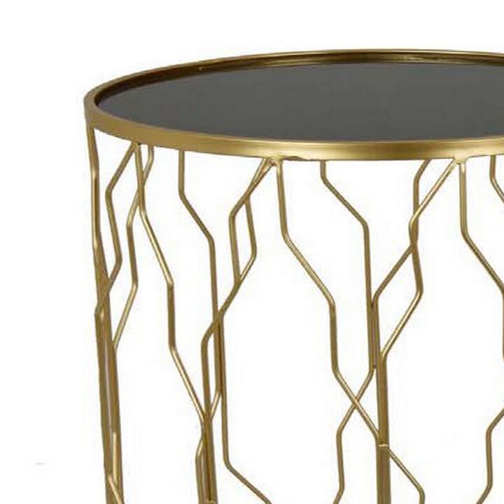Kiko Accent Table Set of 2, Round Top, Unique Modern Shape, Gold Metal - Benzara