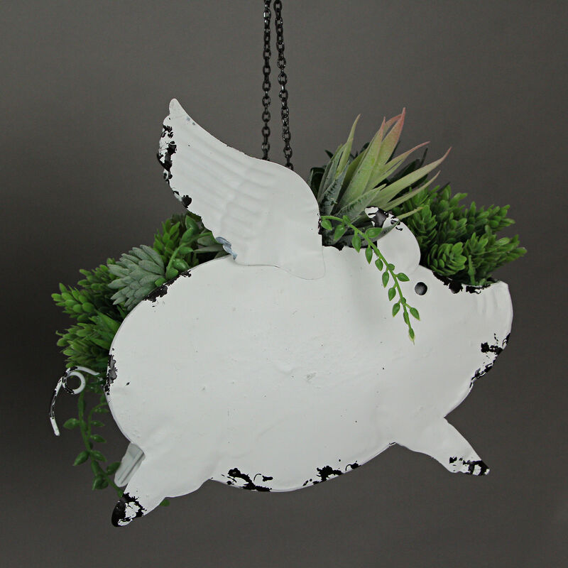 Metal Distressed White Flying Pig Hanging Planter Set Large & Small Flower Pots image number 5