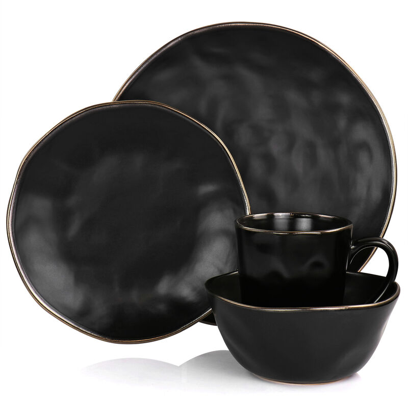 Elama Modern 16 Piece Stoneware Dinnerware Set in Matte Black with Gold Rim