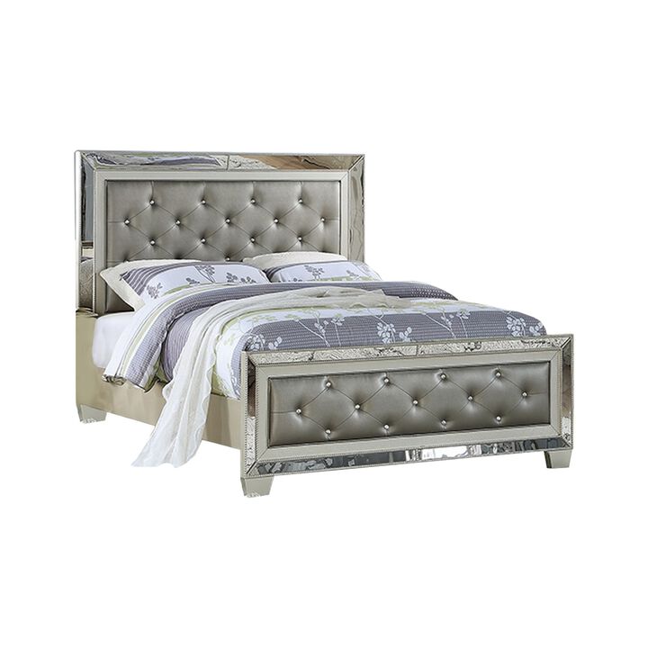 Reva California King Bed with Mirror Inlay, Upholstered Gray Faux Leather - Benzara