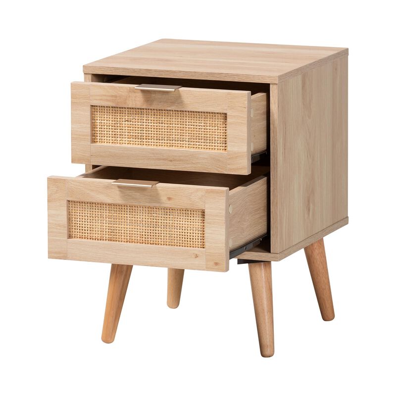 Baxton Studio Baird  Light Oak Brown Finished Wood and Rattan 2 Drawer End Table image number 2
