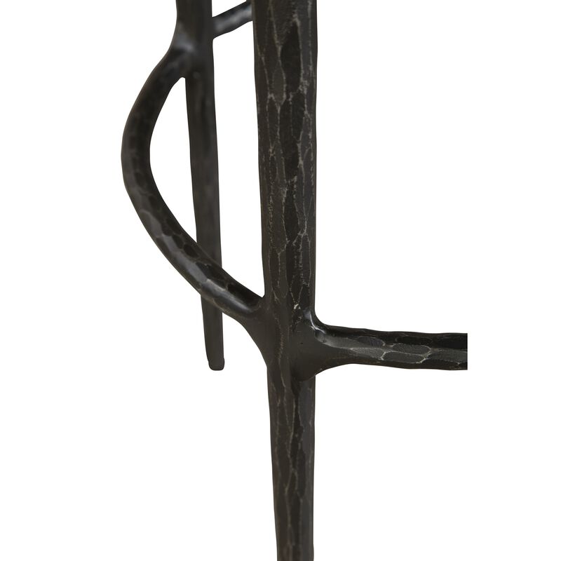 Mey Counter Stool, Brown Leather Round Seat, Black Forged Iron Base - Benzara