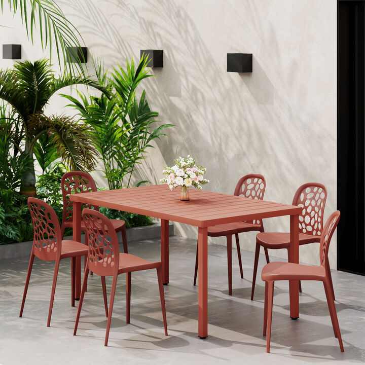 WestinTrends 7-Piece Outdoor Metal Rectangle Patio Dining Table Set With Stackable Patio Dining Side Chairs