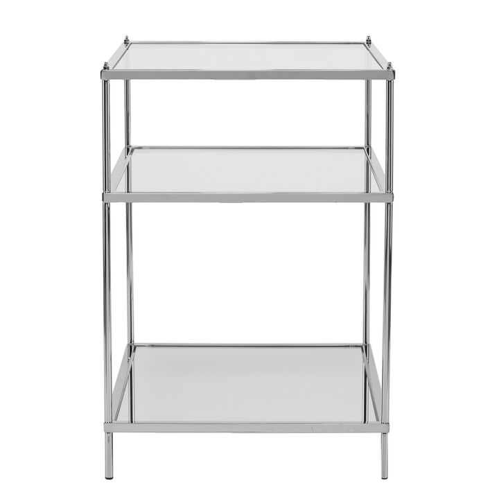 Modern Rectangular End Table with Mirrored Surface, Iron Base, and Storage Shelf