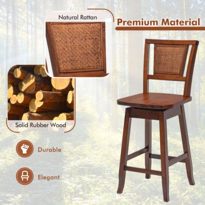 24.5 Inch Counter Height Bar Stool with Rattan Back and 360° Swivel Seat