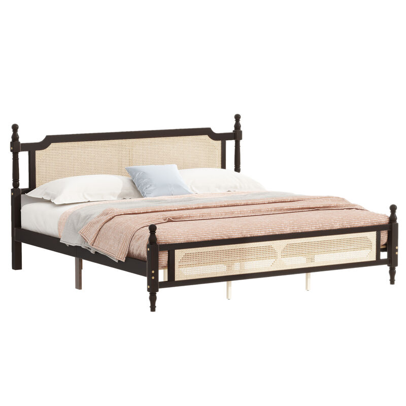 Whisen King Pine Wooden Bed with Rattan Headboard and Footboard, with Central Enhanced Bed Platform image number 0
