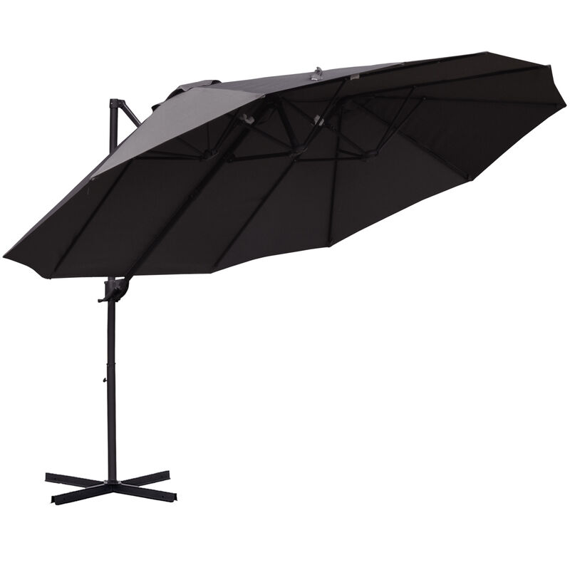 Outsunny 14ft Patio Umbrella Double-Sided Outdoor Market Extra Large Umbrella with Crank, Cross Base for Deck, Lawn, Backyard and Pool, Grey