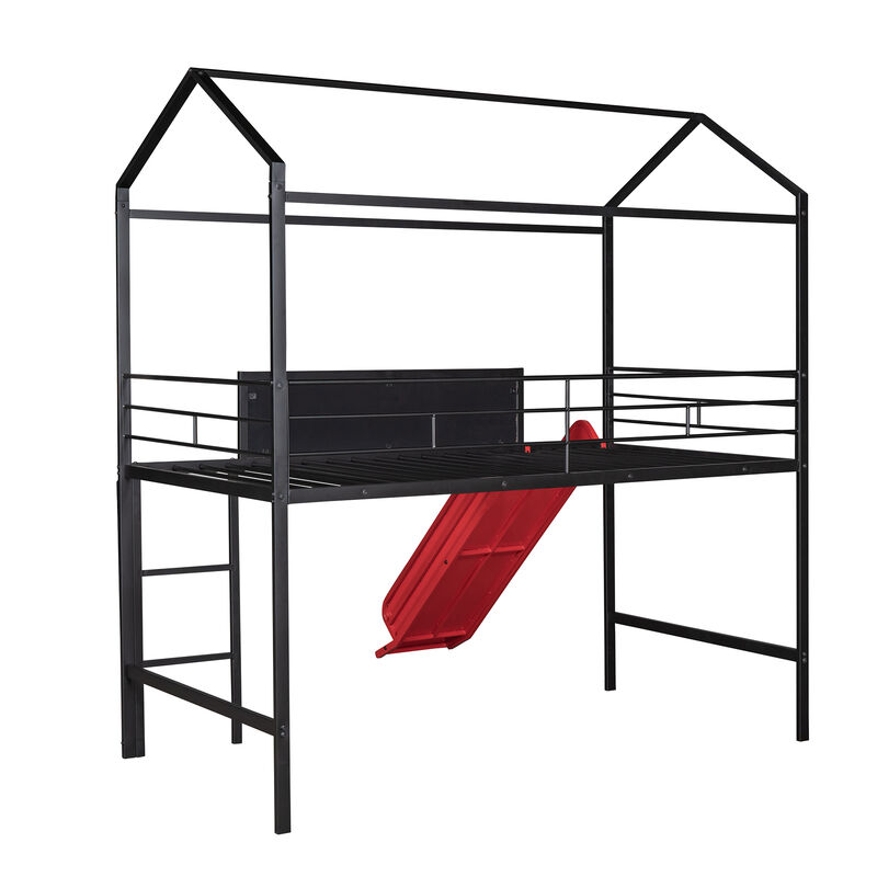 Whisen Metal House Bed With Slide, Twin Size Metal Loft Bed with Two-sided writable Wooden Board - Black and Red