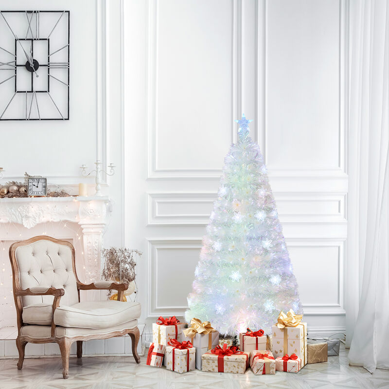 Pre-Lit White Christmas Tree with Iridescent Leaves, Artificial Holiday Decoration