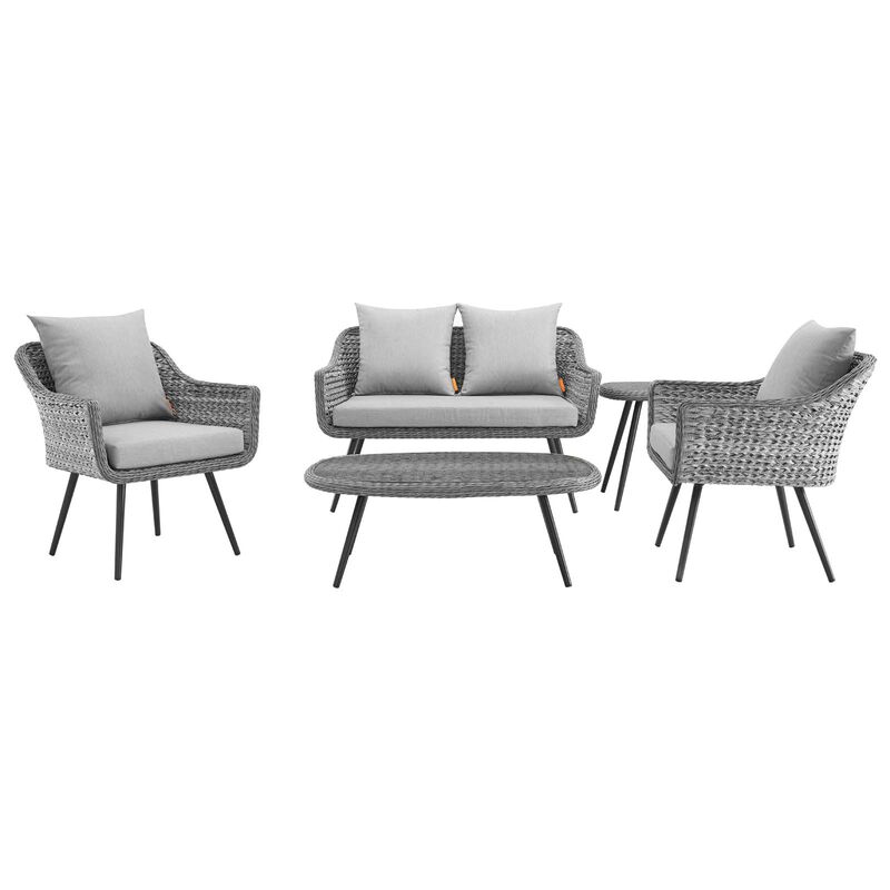 Modway - Endeavor 5 Piece Outdoor Patio Wicker Rattan Loveseat Armchair Coffee + Side Table Set Gray Gray