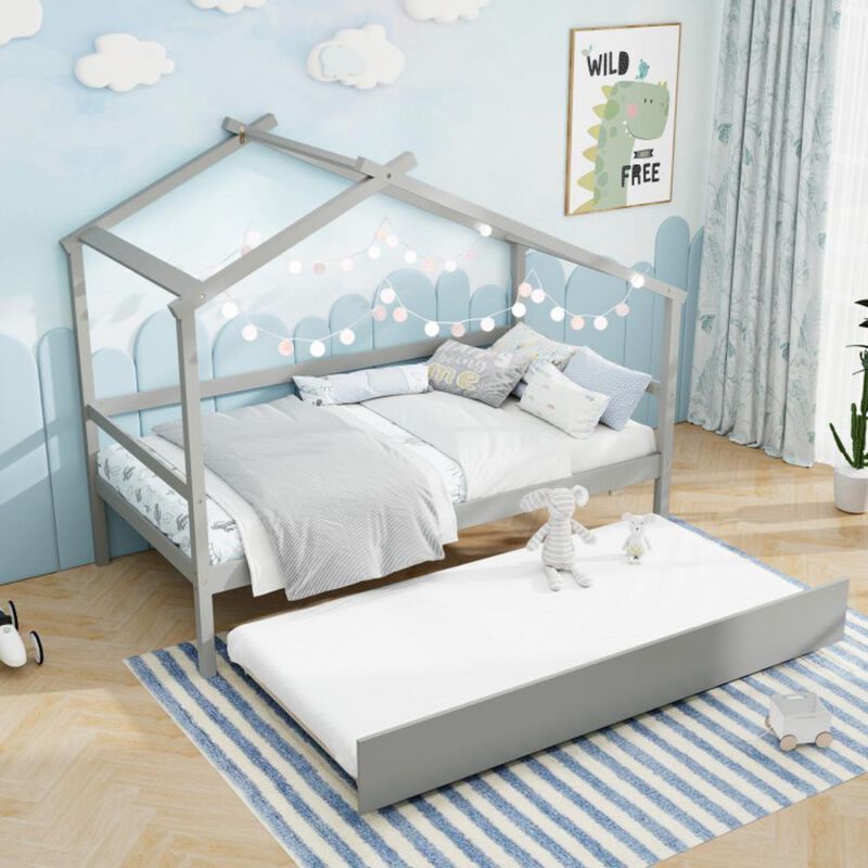 Hivvago Kids Twin Size House Bed with Trundle and Roof