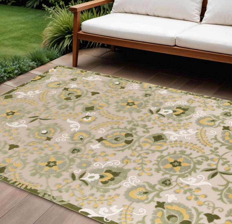 HomeRoots 10' X 14' Ivory Green And Yellow Floral Indoor Outdoor Area Rug image number 1