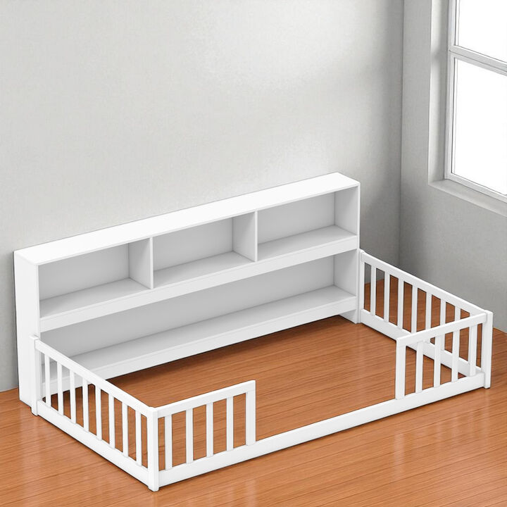 Kids Montessori Floor Bed with Bookcase, Comfortable and Functional Bedroom Piece