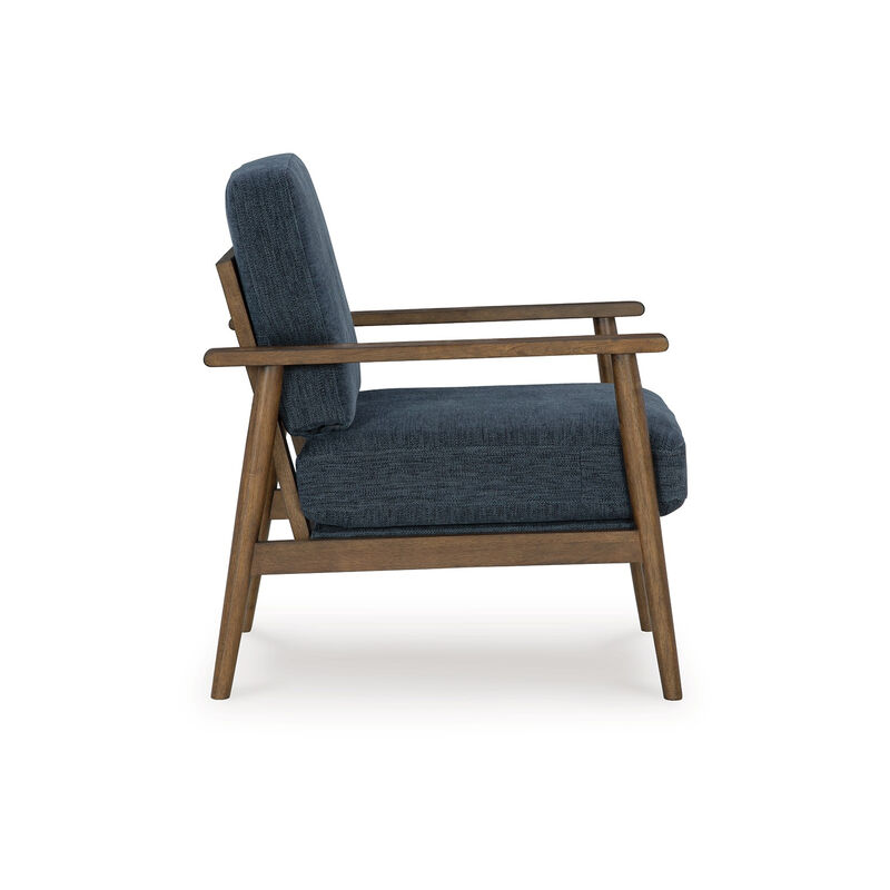 Bixy Accent Chair, 31 Inch, Brown Wood Armrests, Dark Blue Polyester image number 2