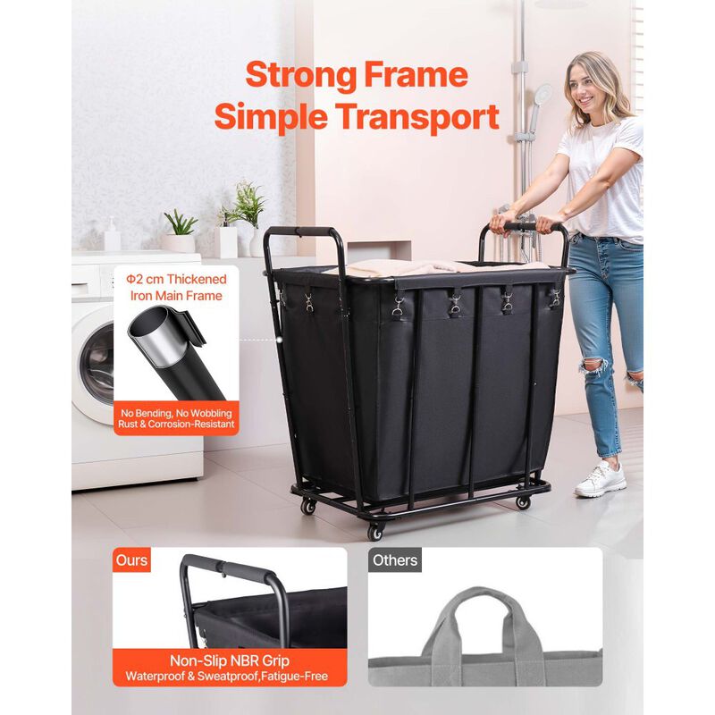 Rolling Utility Shopping Cart with Waterproof Liner, Heavy Duty Basket for Laundry & Storage-Black image number 4
