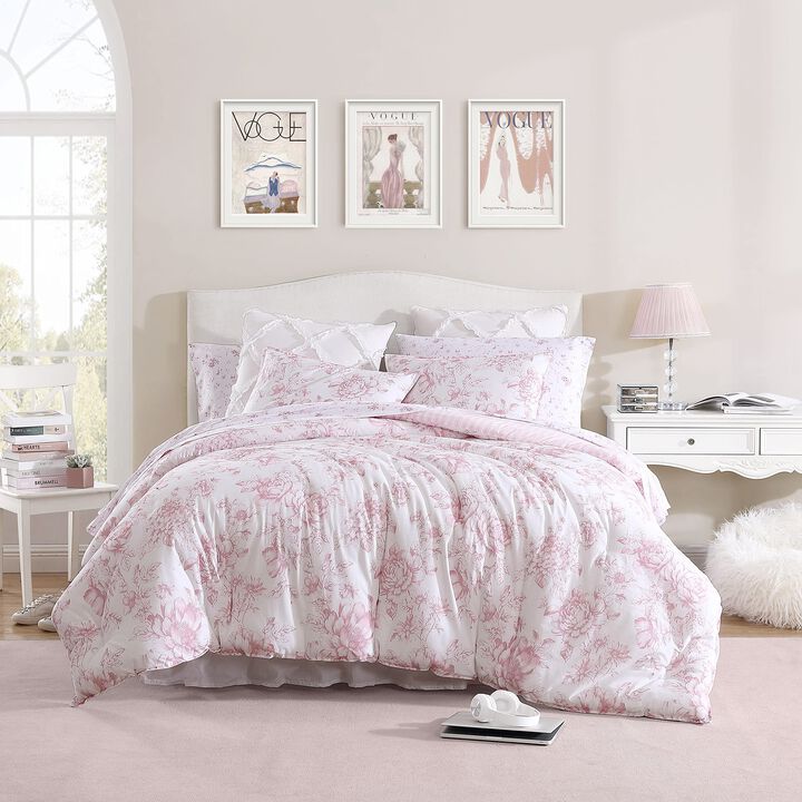Laura Ashley- King Comforter Set, Reversible Cotton Bedding with Matching Sham(s), Farmhouse Home D  cor (Delphine Pink, King)