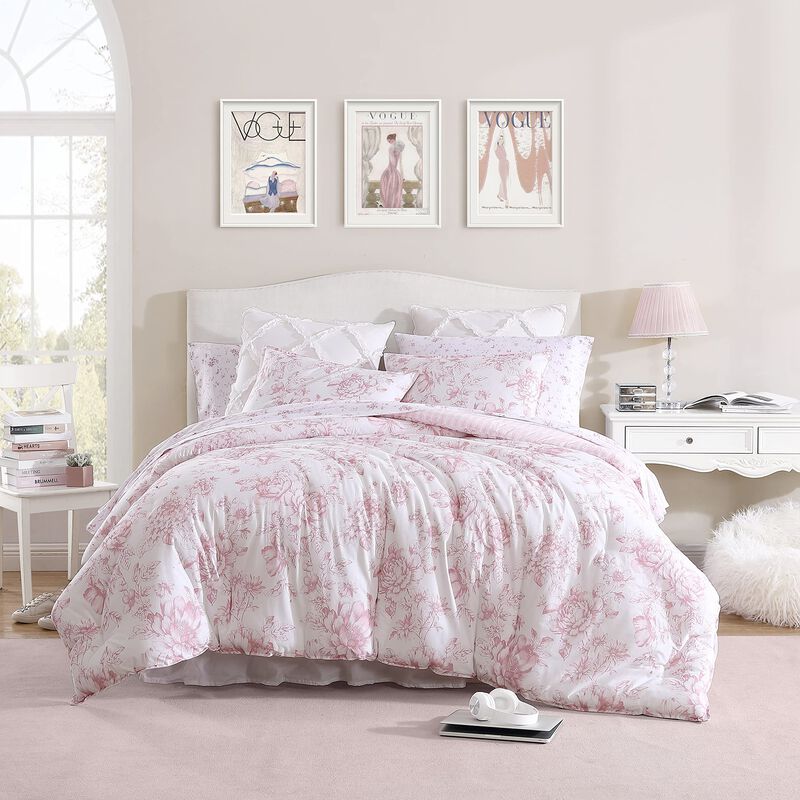 Laura Ashley- King Comforter Set, Reversible Cotton Bedding with Matching Sham(s), Farmhouse Home D  cor (Delphine Pink, King)