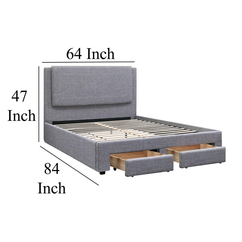 Fina Queen Size Bed w Storage Footboard, Gray Faux Linen Upholstery