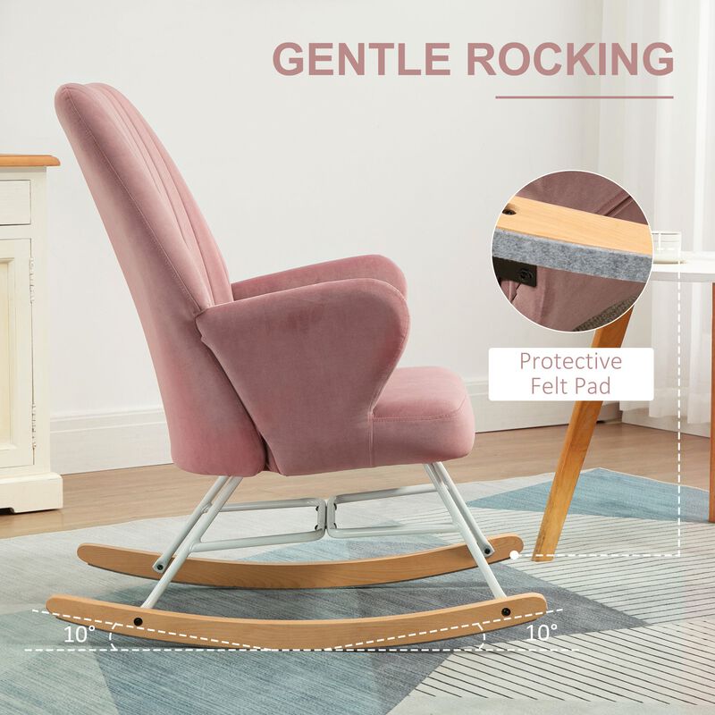 Accent Rocking Chairs, Upholstered Nursery Glider Rocker, Modern Armchair, Wingback Chair for Living Room and Bedroom, Pink