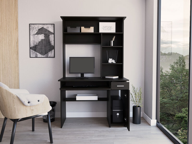 DEPOT E-SHOP Xalo 180 Compu Hutch Desk, Keyboard Tray, Door Panel For CPU, Multiple Shelves, One Drawer, Black