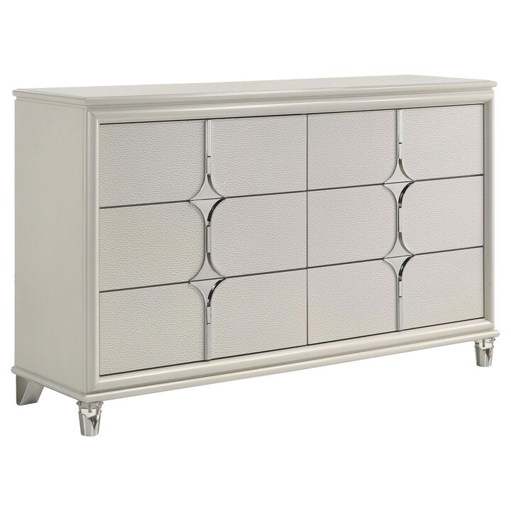 Ory Wide Dresser w 6 Drawers, Chrome Star Handle, Pearl Ivory Wood - Benzara