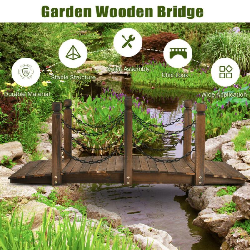 Hivvago 5 Feet Wooden Garden Bridge Arc Footbridge Stained Finish Walkway with Safety Rails