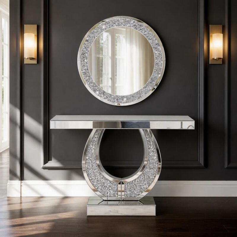 GOODSILO 45 Inch O-Shaped Mirrored Console Table with Crushed Diamond Inlay, Modern Silver Entryway Table for Hallway Living Room image number 3