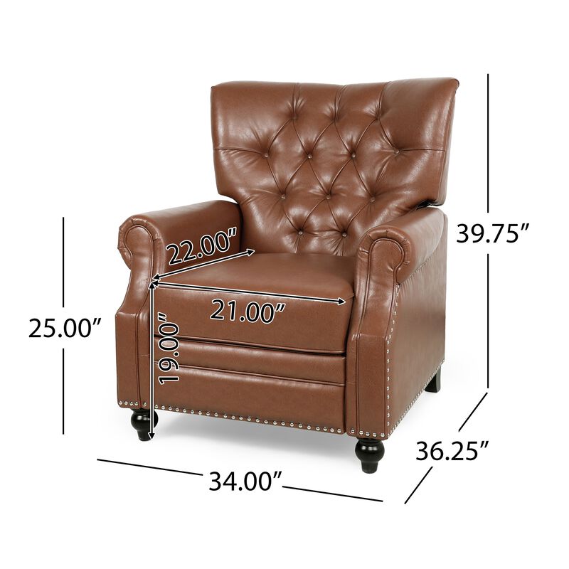 Recliner Chair, Turned Legs, Light Brown Button Tufted Faux Leather - Benzara