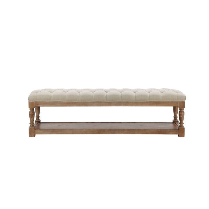 Xena Bench, 59 Inch Tufted Padded White Linen Top, Solid Wood Base