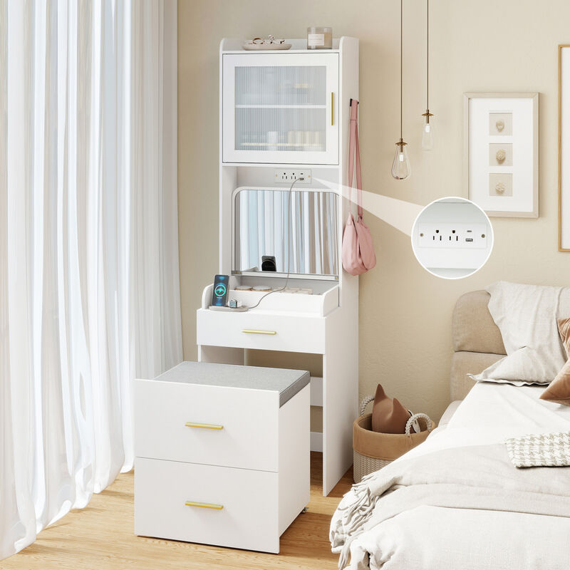 Bedroom Vanity Desk with Flip Top Mirror Power Outlets and Storage Stool image number 7