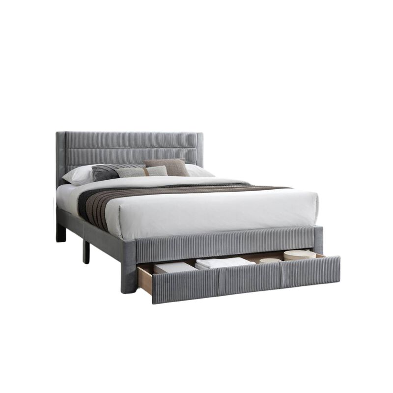 Heo Queen Size Bed w Storage Drawer, Light Gray Corduroy Upholstery - Benzara