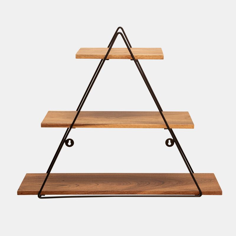 Zish 25 Inch Wall Shelf, 3 Wood Shelves, Triangle Metal Frame, Brown, Black - Benzara