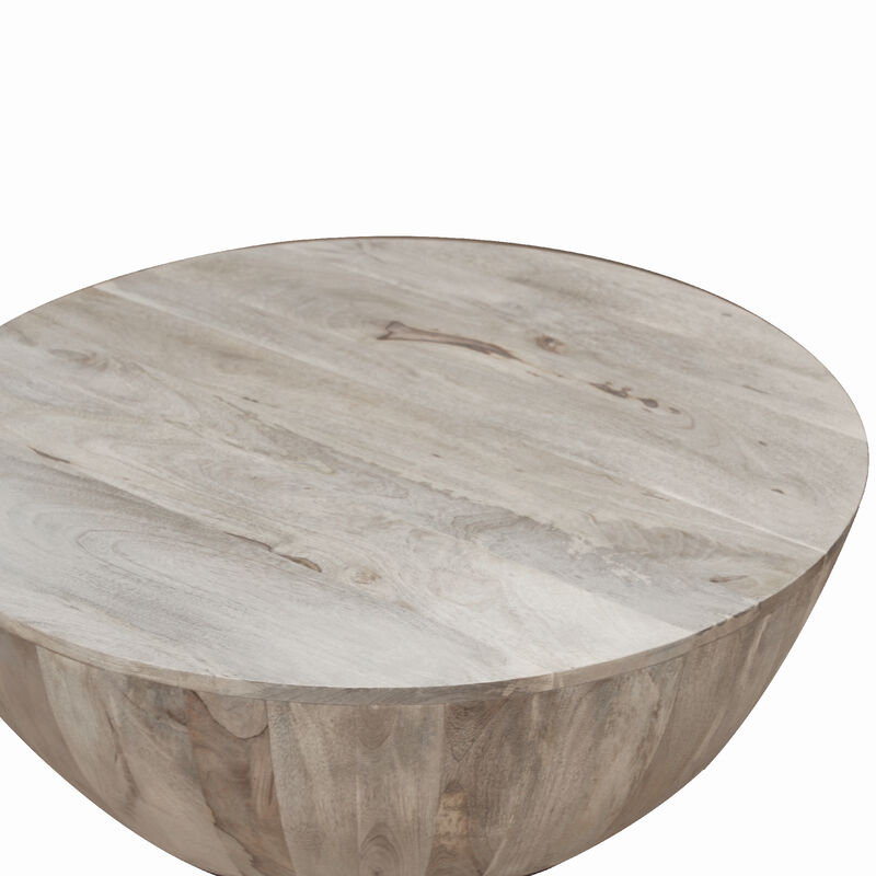Arthur 35.5 Inch Round Mango Wood Coffee Table, Subtle Grains, Distressed White