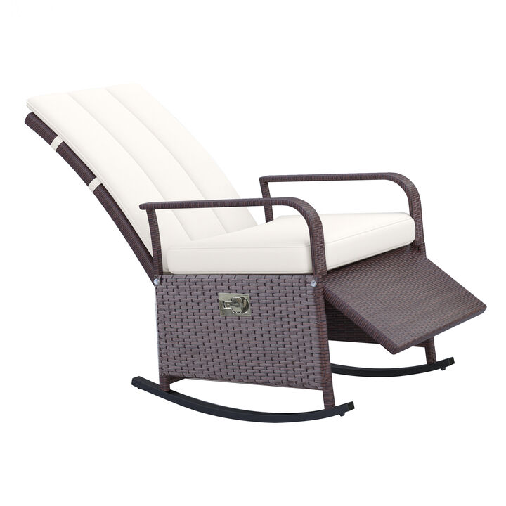 Outsunny Outdoor Rattan Rocking Chair Patio Recliner with Soft Cushions, Adjustable Footrest, Max. 135 Degree Backrest, PE Wicker, Beige
