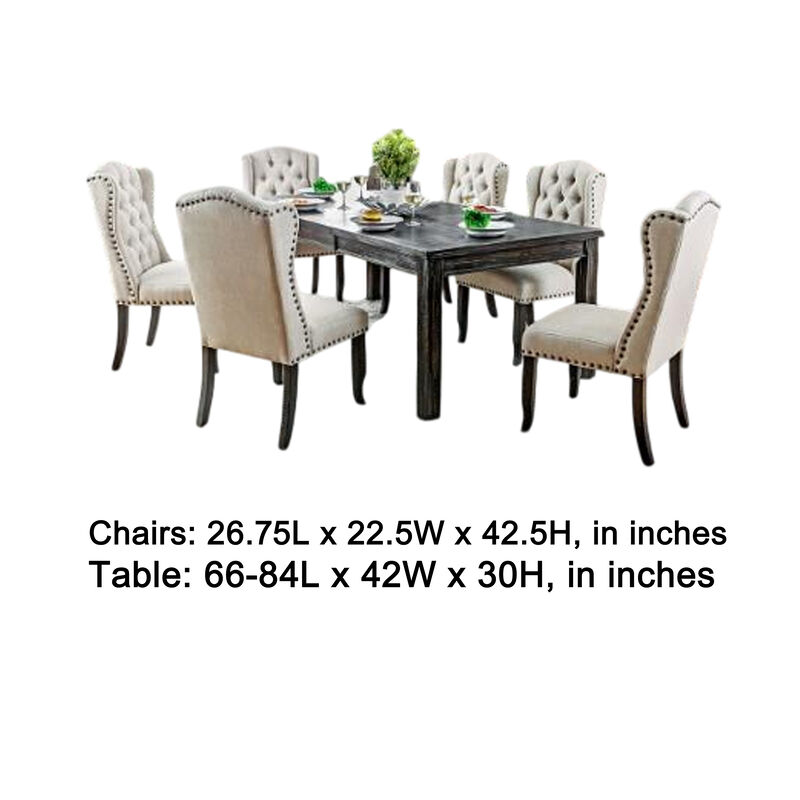Bega 7pc Dining Table and Wingback Chair Set, Beige Linen, Black Wood - Benzara