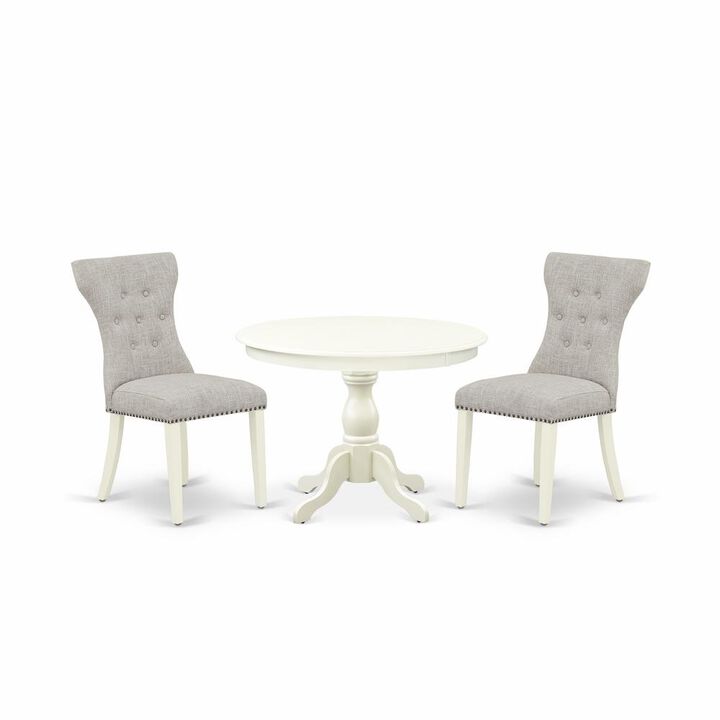 East West Furniture HBGA3-LWH-35 3 Piece Table Set - Linen White dinner Table and 2 Doeskin Linen Fabric Kitchen Chairs Button Tufted Back with Nail Heads - Linen White Finish