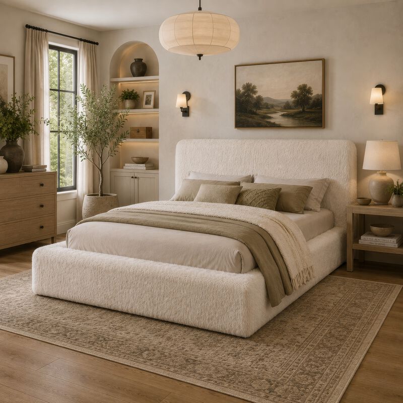 Beca Panel Bed, Foam Headboard, Faux Fur Upholstery, Modern image number 1