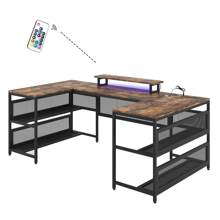 Streamdale U-Shaped Desk with Power Outlet LED Strip and Monitor Stand Vintage